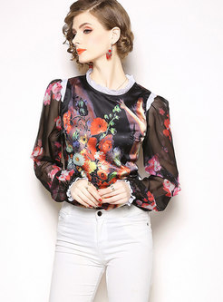 Print Mock Neck Perspective Pullover Blouse