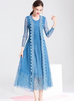 Autumn Sky Blue Lace-paneled Court Pleated Maxi Dress