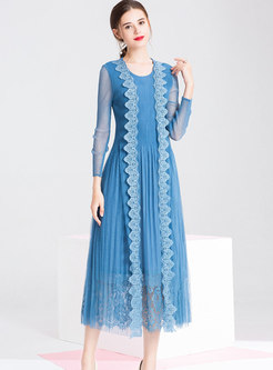 Autumn Sky Blue Lace-paneled Court Pleated Maxi Dress