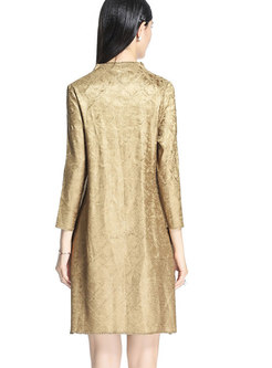 Brief Gold Crew-neck Pleated Mid Waist Dress