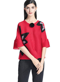 Fashion Red Flare Sleeve Easy-matching Buttoned Top