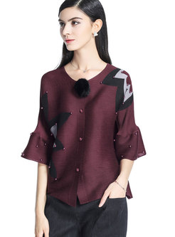 Fashion Flare Sleeve Three Quarters Sleeve Buttoned Top