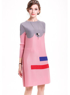 Stylish Pink Hit Color O-neck Shift Dress