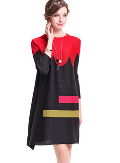 Stylish Hit Color O-neck Long Sleeve Loose Dress