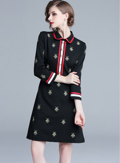 Black Long Seleeve Bee Embroidered A Line Dress