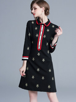 Black Long Seleeve Bee Embroidered A Line Dress
