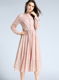 Fashion Pink Lace Hollow Out High Waist Dress