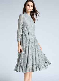 Brief Pure Color Embroidered Ruffled Hem Dress