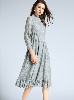 Brief Pure Color Embroidered Ruffled Hem Dress