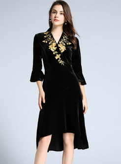 Elegant V-neck Flare Sleeve Asymmetric Dress