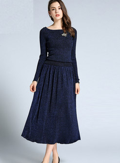 Fashion Slash Neck Knitted Top & Shimmer Pleated Skirt