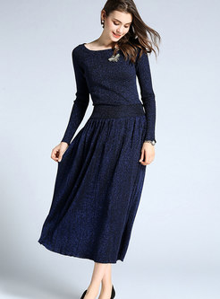 Fashion Slash Neck Knitted Top & Shimmer Pleated Skirt