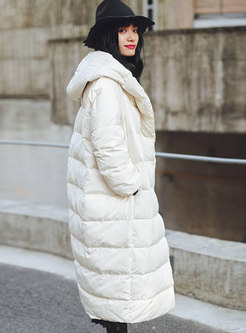 Stylish White Hooded Long Down Coat With Pockets