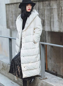 Stylish White Hooded Long Down Coat With Pockets