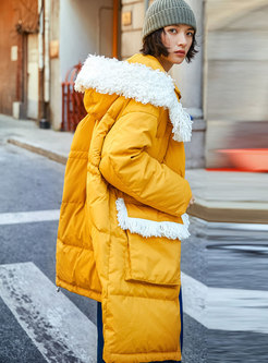 Winter Yellow Hooded Knee-length Down Coat