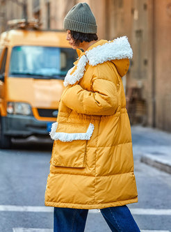 Winter Yellow Hooded Knee-length Down Coat