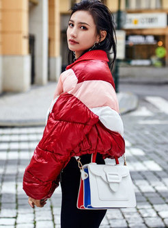 Stylish Stand Collar Hit Color Short Down Coat 