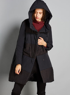 Hooded Plus Size Color-blocked Striped Bubble Coat