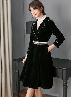 Fashion Notched Color-blocked Belted Knee-length Coat