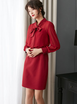 Standing Collar Tied Bowknot Perspective Slim Dress