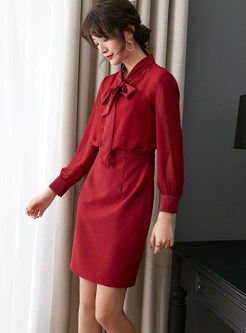 Standing Collar Tied Bowknot Perspective Slim Dress