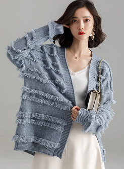 Fashion Blue Fringed Cardigan Knitted Sweater