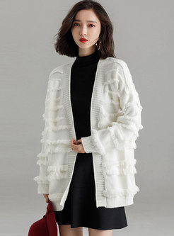Fashion White Fringed Cardigan Knitted Sweater