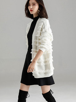 Fashion White Fringed Cardigan Knitted Sweater