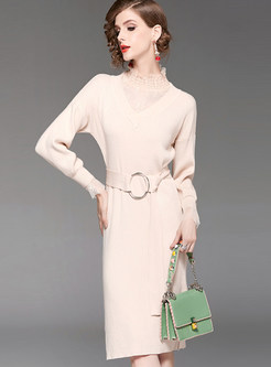 Solid Color Lace Splicing Tie-waist Knitted Dress