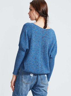 Casual Blue V-neck Solid Color Knitted Sweater
