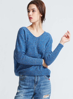 Casual Blue V-neck Solid Color Knitted Sweater