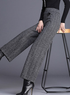 Trendy Plaid Woolen Wide Leg Pants With Decoration