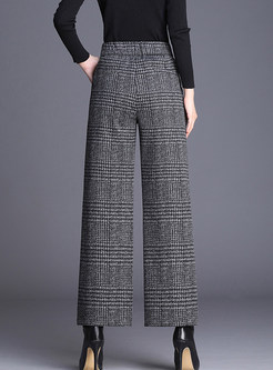 Trendy Plaid Woolen Wide Leg Pants With Decoration