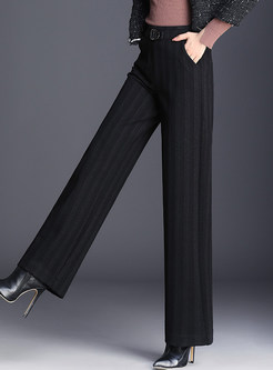 Elastic High Waist Striped Woolen Long Pants