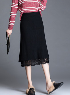 Chic Lace Patchwork Knitted Slim Sheath Skirt