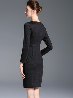 Elegant Black Square-neck Zipper-front Sheath Dress