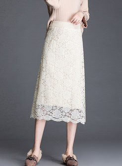 Pure Color Elastic Waist Lace Patchwork Knitted Skirt