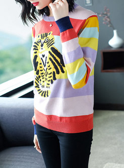Chic Rainbow Striped Animal Pattern Sweater