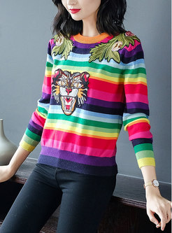Fashion Tiger Head Embroidery Knitted Sweater