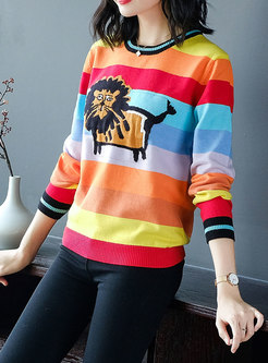 Stylish Rainbow Cartoon Pattern Knitted Sweater