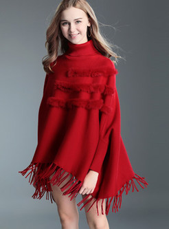 Stylish High Neck Tied Tassel Detail Knitted Sweater