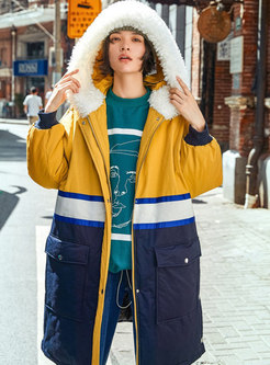 Fashion Color-blocked Hooded Straight Padded Coat