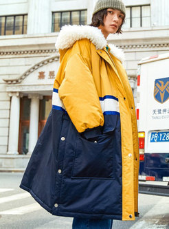 Fashion Color-blocked Hooded Straight Padded Coat
