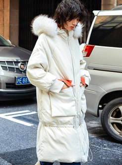 White Hooded Long Sleeve Straight Thicken Down Coat