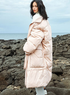 Winter Pink Hooded Shift Knee-length Down Coat