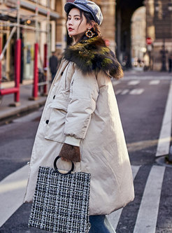 Winter Fashion Fur Hooded Big Pockets Down Coat