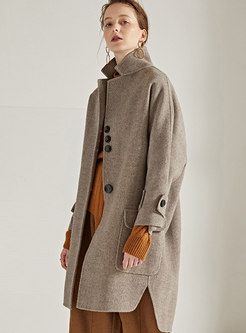 Coffee Winter Lapel Pockets Cashmere Hairy Coat 