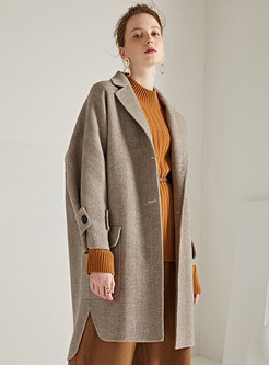 Coffee Winter Lapel Pockets Cashmere Hairy Coat 