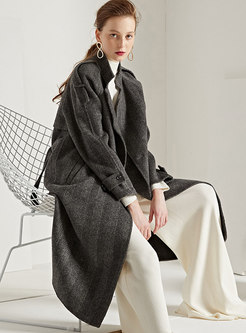 Trendy Grey Notched Belted Cinched Waist Cashmere Coat