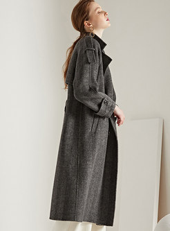 Trendy Grey Notched Belted Cinched Waist Cashmere Coat